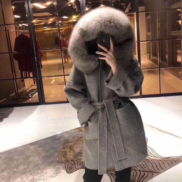 

women's wool & blends coats cashmere women double side coat big fur collar overcoat 2021 winter long hooded cap outerwear, Black