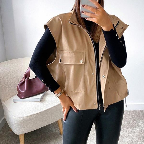 

women's vests fashion zipper vest women sleeveless pu leather jacket autumn black female oversized outerwear with pocket loose coat, Black;white