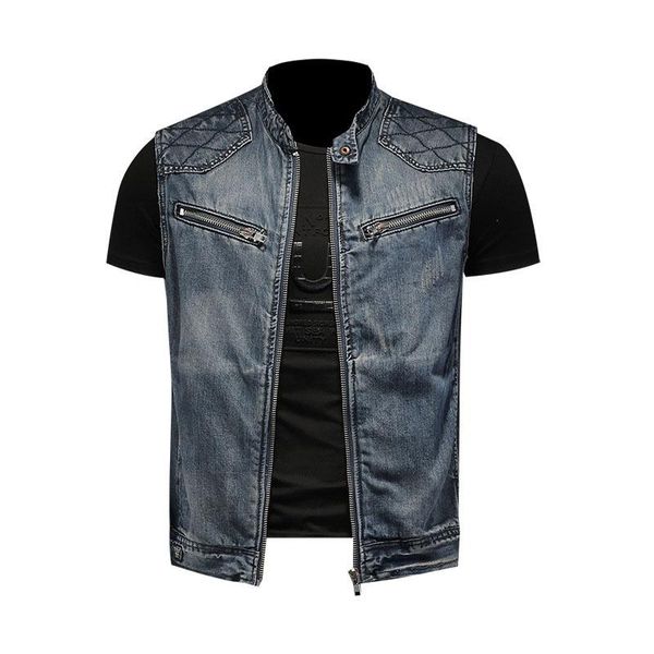

men's vests mcikkny fashion men spring autumn denim vest zipper pockets motorcycle classic waistcoats for male sleeves jeans jackets, Black;white