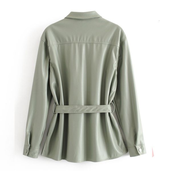

leather autumn long-sleeved lapels lace-up single-breasted green female pu leather loose jacket women's clothes, Black
