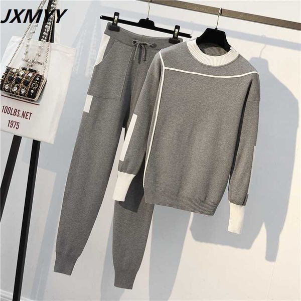 JXMYY Autumn Runway 2 peças conjunto de malha manga comprida pulôveres camisola casual patchwork knit jumper tops e calças ternos 210925