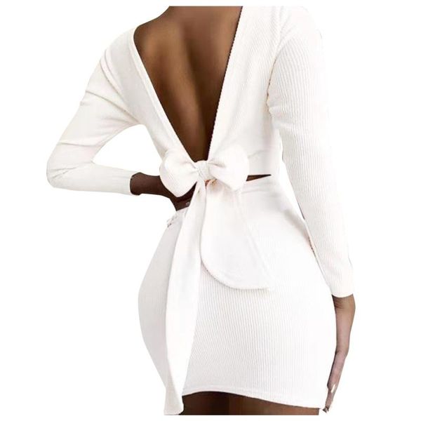 

casual dresses design women fashion open back knotted soild long sleeve tight dress party wedding mini accessories gifts for lover, Black;gray
