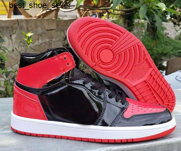 

1 high og bred patent men basketball shoes 1s black white-varsity red outdoor sneakers 555088-063 with box