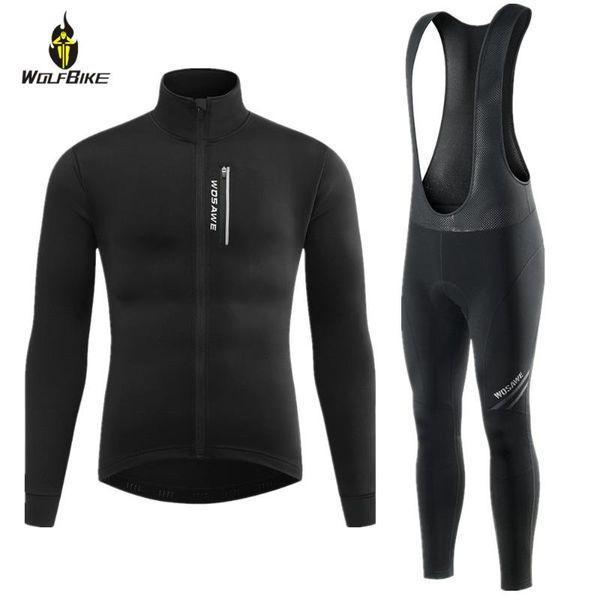 

racing sets wosawe thermal fleece men cycling clothing suit autumn winter windproof jacket jersey gel pad bib shorts pants set mtb bike kit, Black;blue