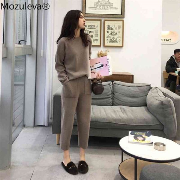 

knitted 2 pieces set women autumn winter thick o-neck loose sweater+ankle-length pants warm cashmere suit 210416, White;black