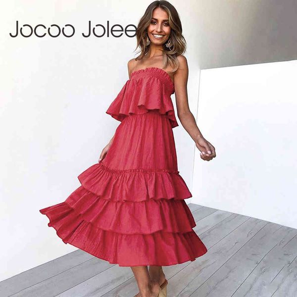 

strapless elastic summer dress women cascading ruffle backless beach party midi two pieces sets vestidos 210428, Black;gray