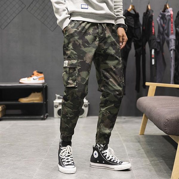 

spring 2021 trousers camouflage overalls men's small leg pants casual trend corset nine-point -k019, Black