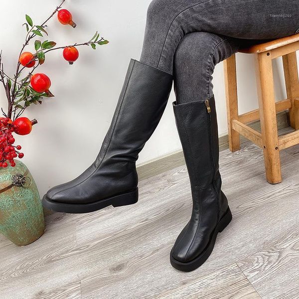 

boots yourseason genuine leather zip ladies shoes round toe flat with sewing handmade concise leisure women winter platform long1, Black