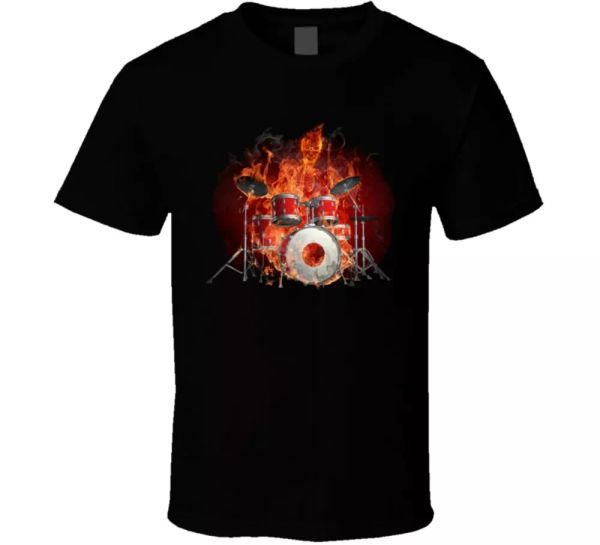 

drummer on fire flaming music rock drums party t shirt, White;black