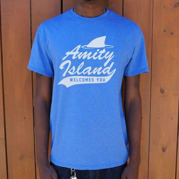

amity island welcomes you t-shirt | short sleeve graphic tee, White;black