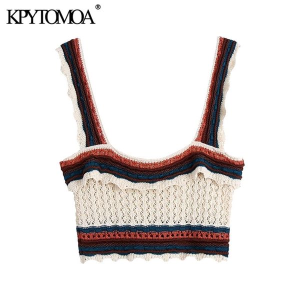 

women fashion with ruffles crochet knitted tank vintage square collar wide straps female camis mujer 210421, White