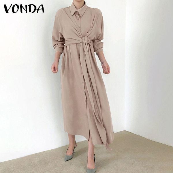 

casual dresses vonda women shirt dress 2021 lapel button down long sleeve belted holiday ladies bohemian party vestidos femme, Black;gray