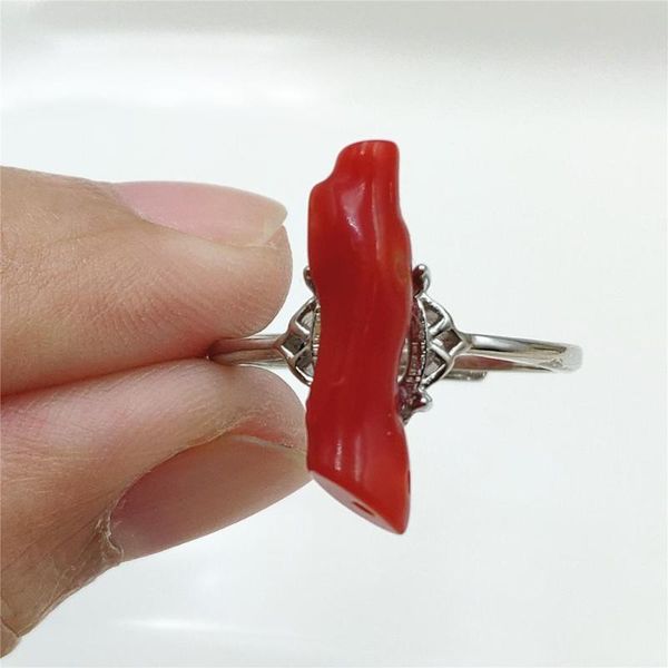 

natural red precious coral gemstone ring 19mm adjustable woman rare raw material 925 sterling silver cluster rings, Golden;silver