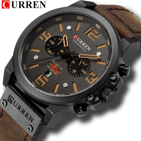 

curren luxury brand men sport watch waterproof leather strap quartz clock chronograph date wristwatch relogio masculino 8314g, Slivery;brown