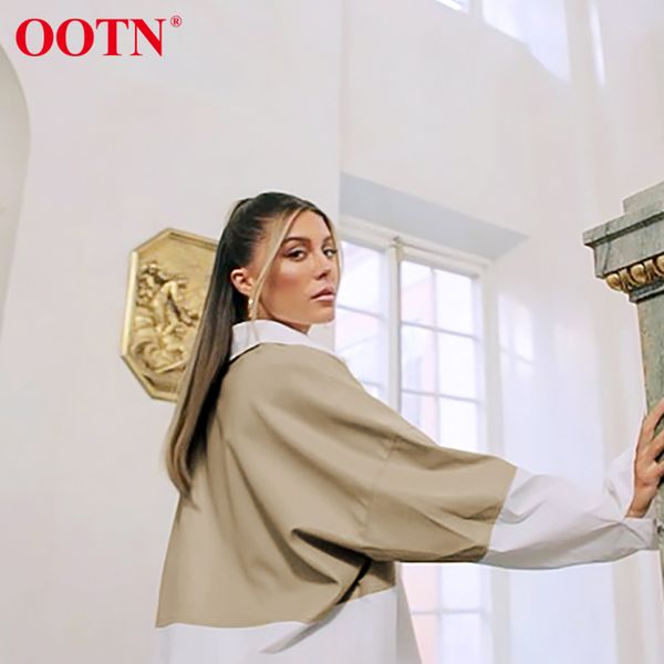 

ootn splicing leather shirt woman long sleeve pocket ladies blouse casual chic elegant female 2021 fashion autumn winter, White