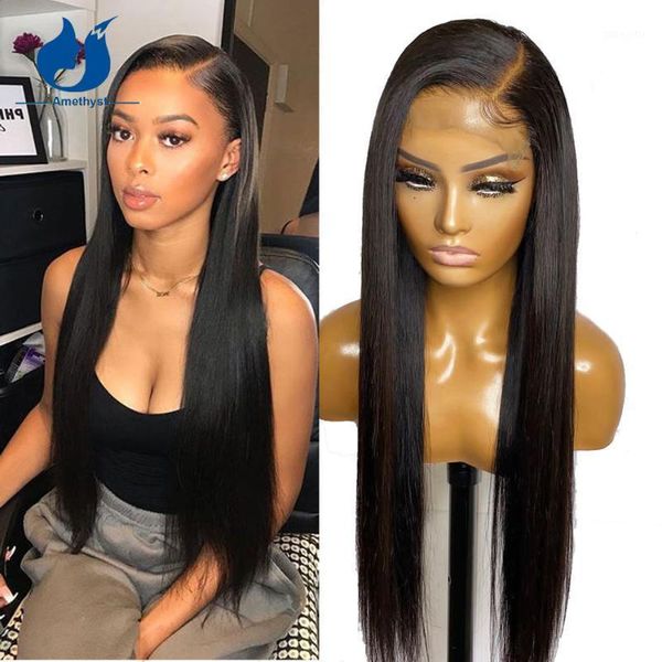

amethyst silky straight human hair 13x4 lace front wigs brazilian remy glueless with side part natural color1, Black;brown