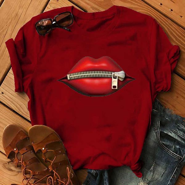 

zipper lip print t shirt women short sleeve o neck loose tshirt summer women tee shirt camisetas mujer x0527, White