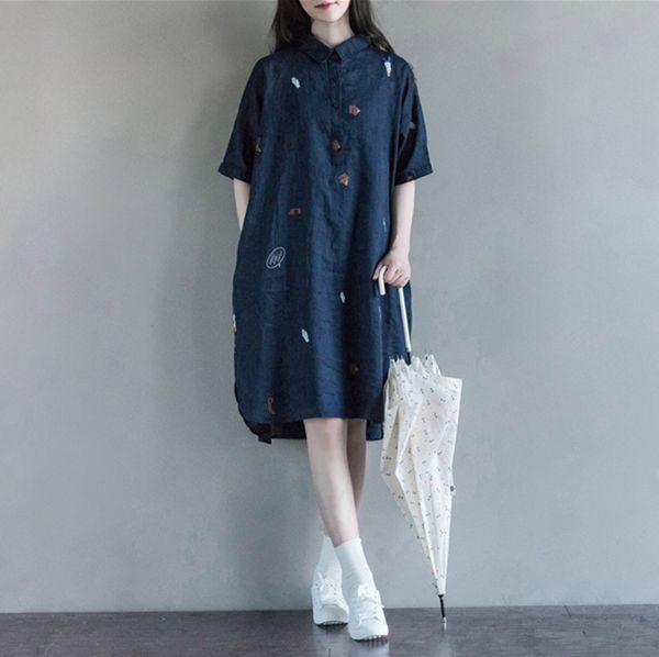 

dresses () huayuanli / art cotton and hemp print loose shirt dress, Black;gray