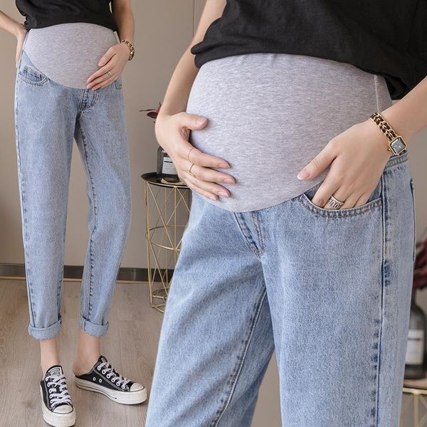 

spring summer denim maternity straight jeans high waist belly harem pants for pregnant women loose pregnancy trousers bottoms, White