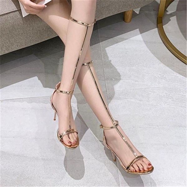 

high heels women's 2021 summer buckle high-tube sandals wild long roman, Black