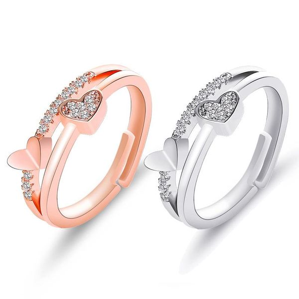 

cluster rings fashion double heart crystal ring drop women's couple adjustable gift girl statement wedding jewelry, Golden;silver
