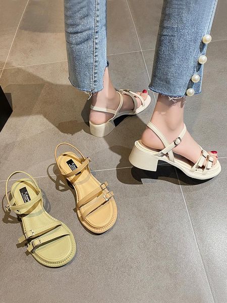 

all-match female sandal fashion womens shoes 2021 med block heels buckle girls luxury medium chunky beige high comfort summe sandals, Black