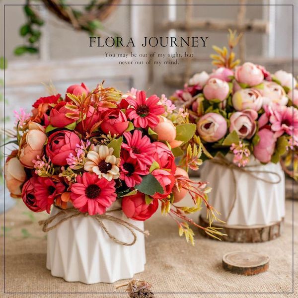 

artificial hydrangea bouquet with small ceramic vase fake silk variety flower balls flowers decoration for table home party decorative & wre