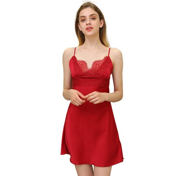 

women's sleepwear summer sleeveless sling nightgown women's silk-like nightddress 070n, Black;red