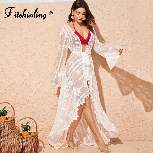 

fitshinling irregular lace beach cover up swimwear with sashes sheer bikini outing bohemian summer white long cardigan