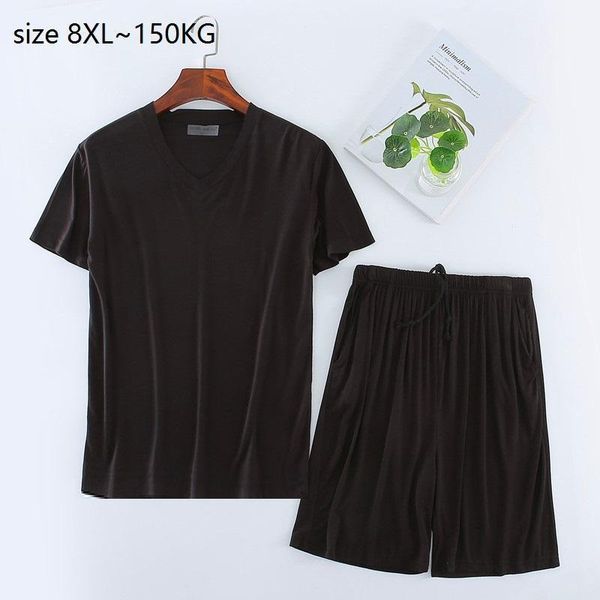 

size 8xl 150kg summer soft casual modal home wear set short sleeve v neck men pajamas sets comfortable sleep workout shorts men's sleep, Black;brown