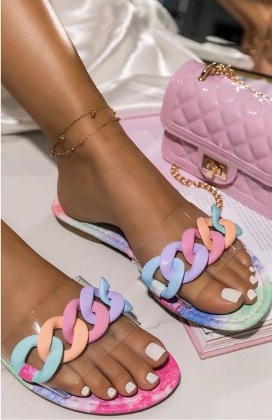 

summer flat sandals woman open toe slippers outdoor beach shoes fashion chain decoration plus size 37-41, Black