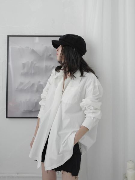 

women's blouses & shirts superaen 2021 japanese style design dark black white shirt female loose long-sleeved boyfriend women