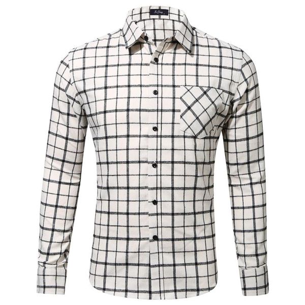 

men's casual shirts mens long sleeve flannel shirt plaid dress with left chest pocket high-quality male regular-fit button down, White;black