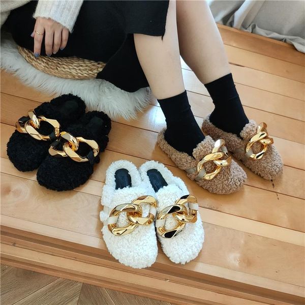 

metal chain baotou hairy slippers women's winter lamb wool platform loafers mules half-drag 2021 lazy shoes, Black