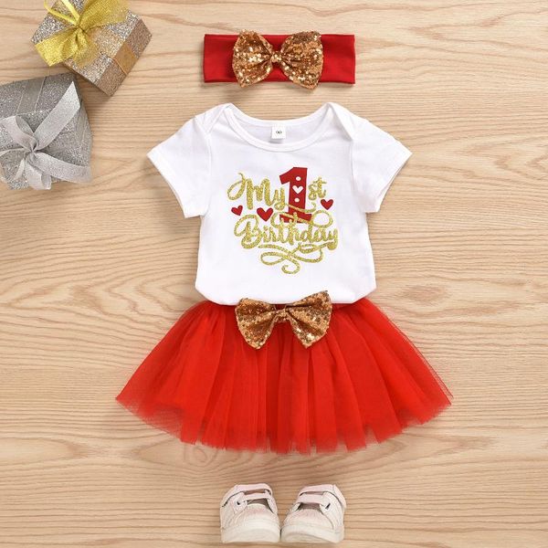 

clothing sets baby first birthday set 3 pieces t-shirts tutu skirts suits summer letter printed bow headband outfits girl clothes, White