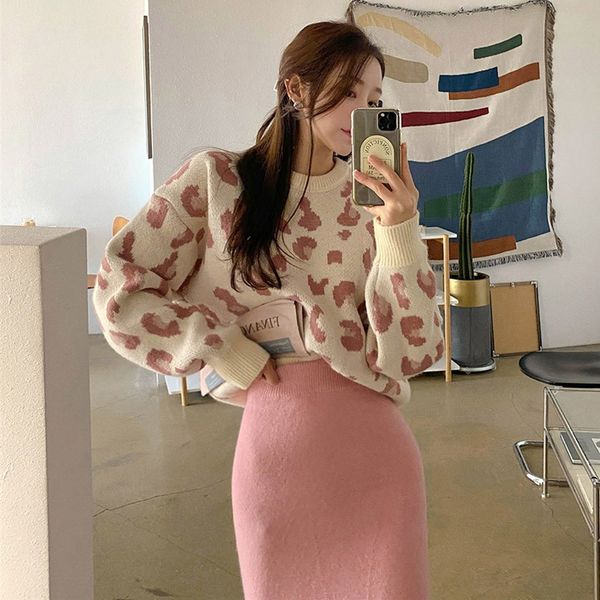 

french gentle wind small pink leopard grain loose pullovers two-piece women contracted bust skirt suit qiu dong 210429, White