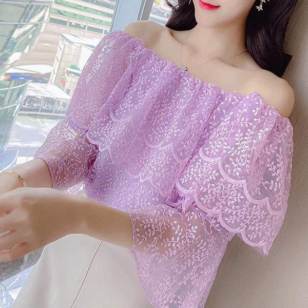 

women's blouses & shirts blusas mujer de moda 2021 blouse women slash neck off shoulder lace shirt summer blusa d356, White