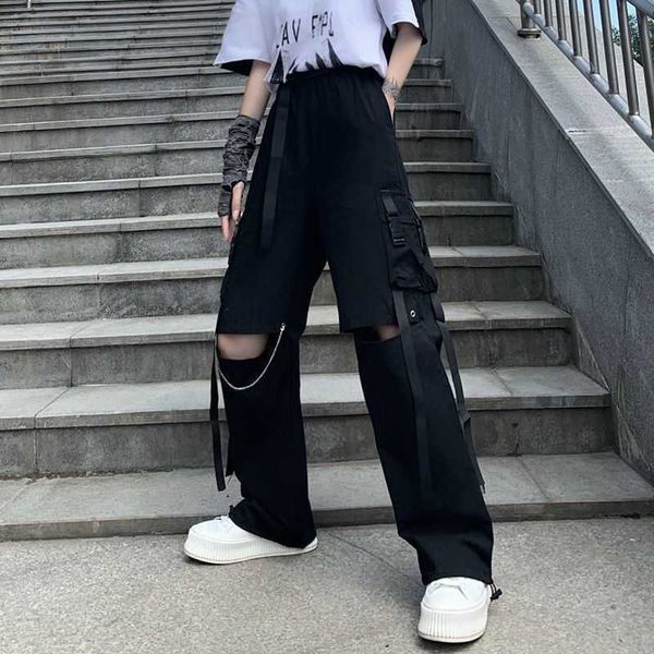 

casual pants women's summer high waist ripped cargo trousers loose handsome bf style beam feet straight wide leg bottoms trendy 210526, Black;white