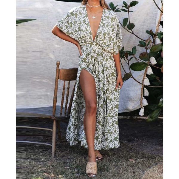 

women's tanks & camis deep v neck maxi dress women vestidos vintage floral print side split summer beach casual dresses kf9t, White