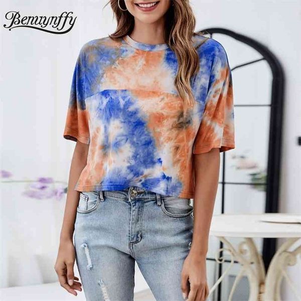 Tripulação pescoço gravata tintura tintura camiseta mulheres moda verão manga raglan fêmea tops t-shirt do-pescoço solto casual 210510