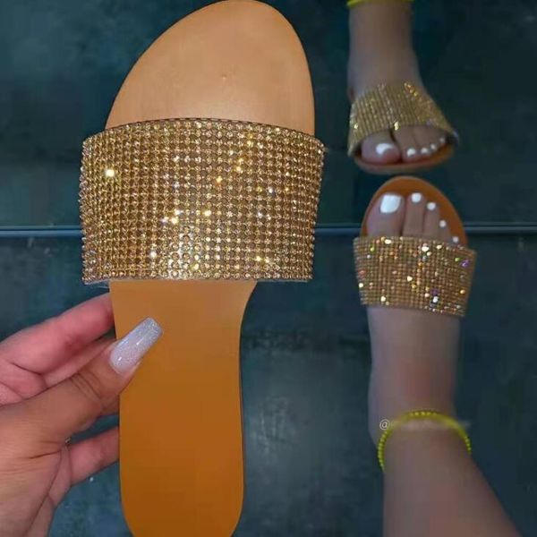 

spring /summer all-match casual and durable ms slippers metal rhinestone single layer outdoor non-slip ladies sandals, Black