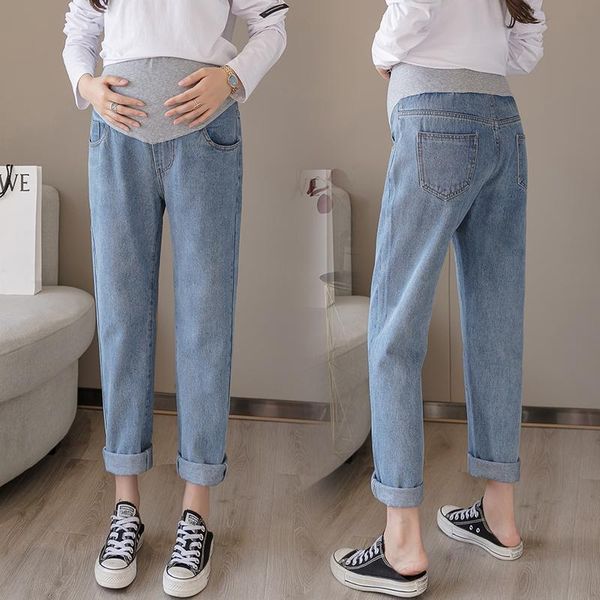 

spring pregnant woman's abdomen denim pants plus size high waist maternity cotton belly trousers long loose pregnancy jeans bottoms, White