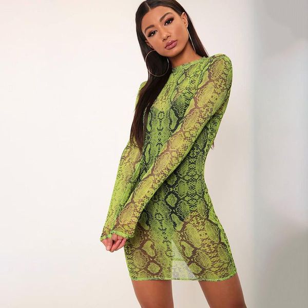 

women slim dress snakeskin leopard mesh print long sleeved perspective bodycon mini for lady party clubwear casual dresses, Black;gray