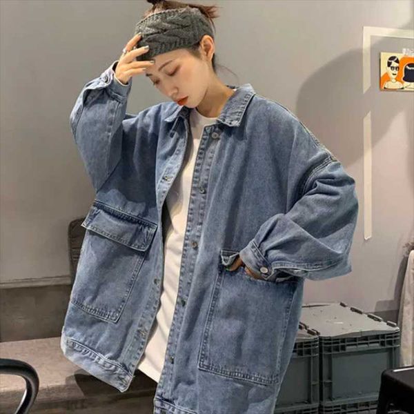

women's vests denim jacket spring and autumn loose all-match harajuku style retro tooling long-sleeved trend, Black;white