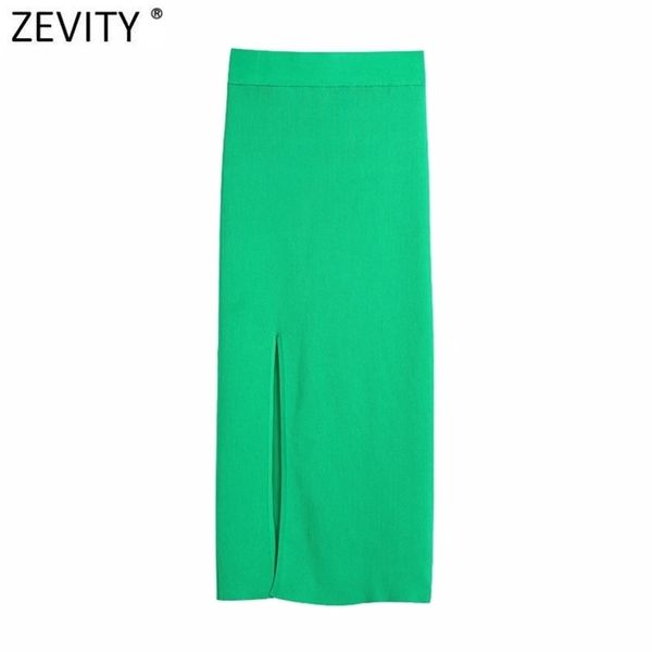 

zevity women fashion green color split knitting sarong skirt faldas mujer female chic slim hip package straight vestidos qun806 210702, Black