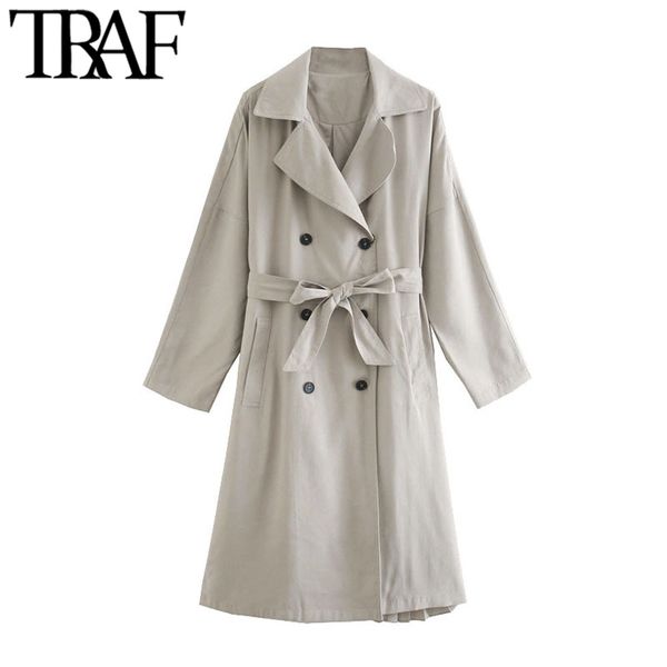 TRAF Mujeres Moda Volver Plisado Doble Pecho Trench Coat Vintage Manga larga con cinturón Mujer Outerwear Chic Abrigo 210415