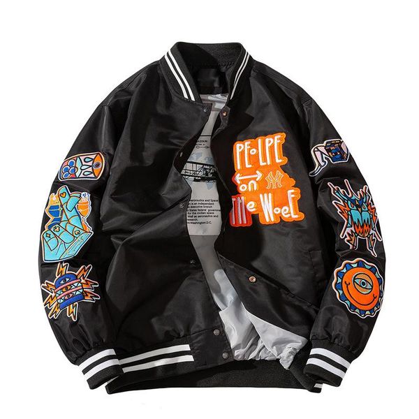 

hip hop patchwork baseball jacket men letter daisy patch leather jackets spring oversized streetwear coats motorcycle men's, Black;brown