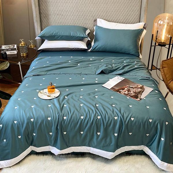 

1pc satin silk quilt for summer bedding set bedspread comforter ab side water washed real embroidery bed cover king queen comforters & sets