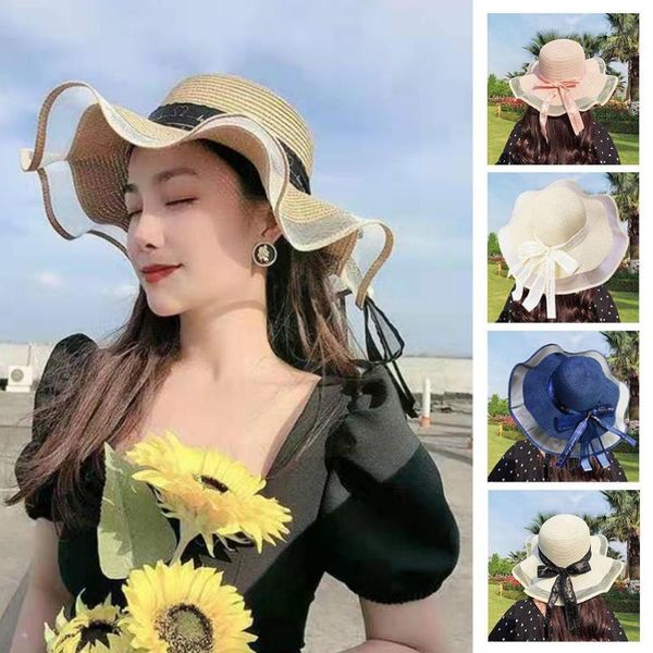 

wide brim hats y women sun straw hat with lace bowknot beach travel uv big for cap girl protection outdoor p0, Blue;gray