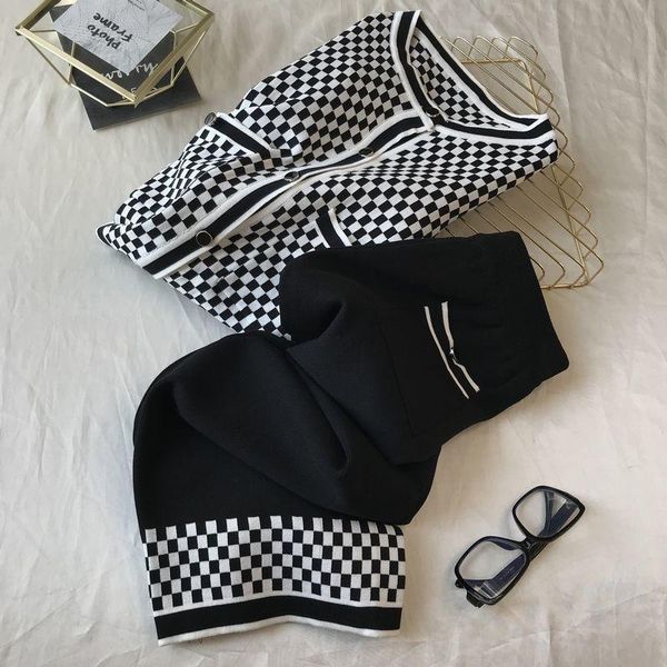 

women's two piece pants fall winter spliced plaid stripe women knitted peice sets o neck sigle breasted cardigan sweater wide leg pant, White